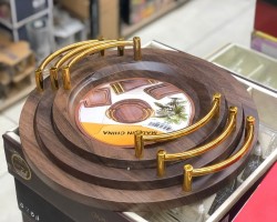 طقم صواني خشب بامبو بني ثقيل مدور حفة صغيرة مع يد ذهبي 3 قطع  40 سم - 35 سم - 30 سم